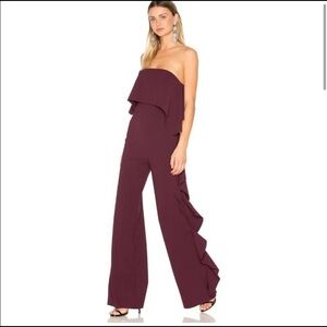 ALEXIS S Kendall Ruffle Wide Leg Jumpsuit Strapless Full Length in Plum/burgundy